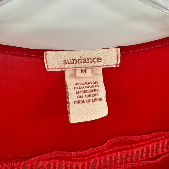 Sundance Tunic Top Sz M Red Embroidered Semi Sheer Boho 3/4 Sleeves - Picture 4 of 5